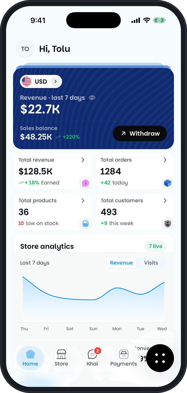 Khaime app home screen: revenue for the last 7 days, sales balance, a Withdraw button and store analytics
