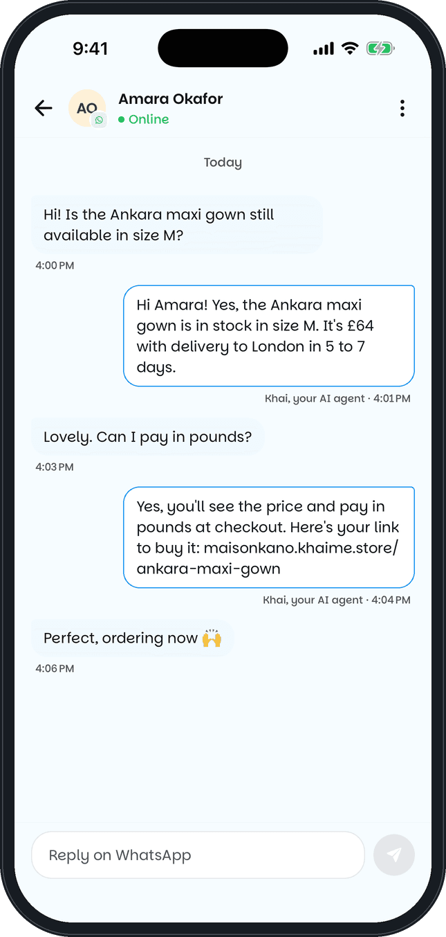 A Khai chat in the Khaime app: a shopper in London asks to pay in pounds and Khai replies with a link to buy
