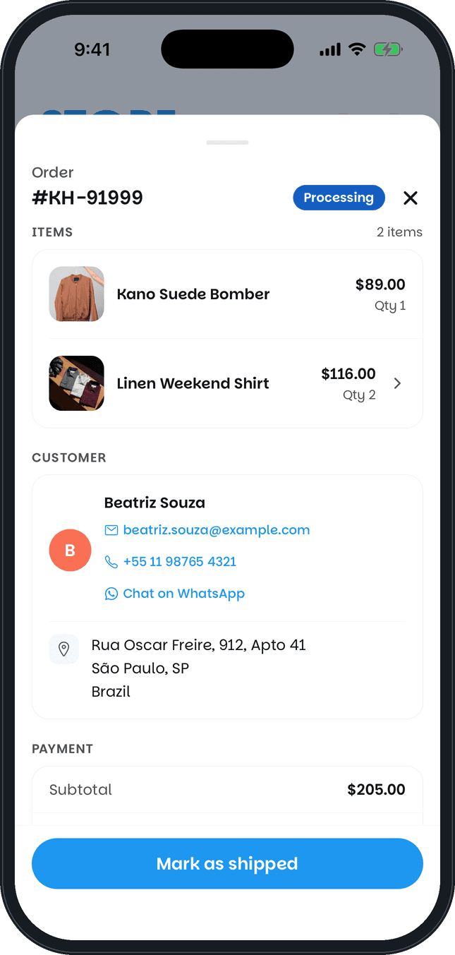 Khaime app order screen with the items, the buyer's details, a WhatsApp link and a Mark as shipped button