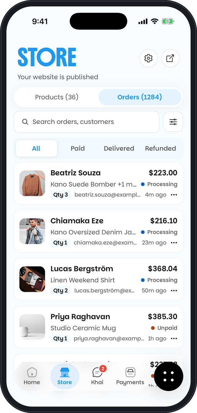 Khaime app orders screen listing new orders from buyers in different countries