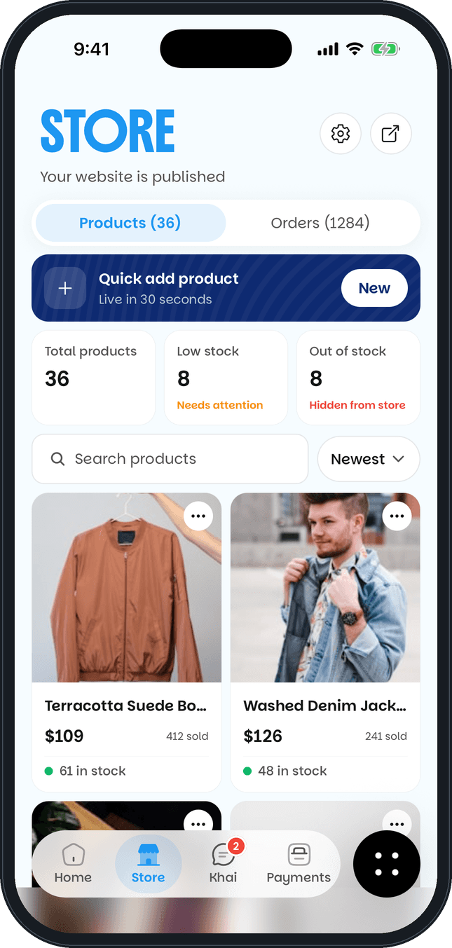The Khaime app's Store screen: products with prices, units sold and stock